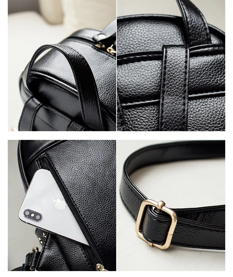 Luxury Black Leather Backpack – Minimal Rivet Mini Travel Bag