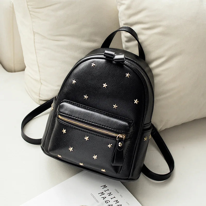 Luxury Black Leather Backpack – Minimal Rivet Mini Travel Bag